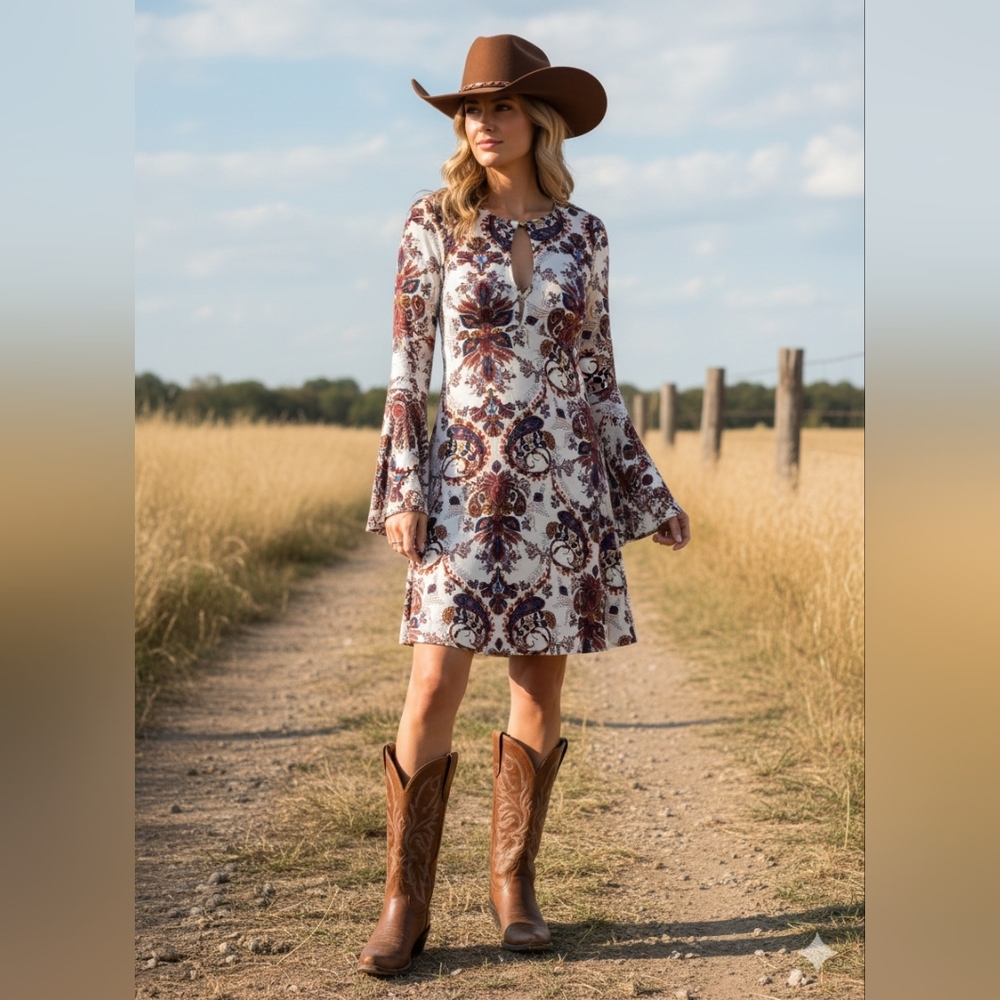 VENUS Long Sleeve Paisley Dress Keyhole Neck Bell Sleeves Size S